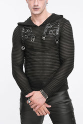 Black Striped Sheer Long Sleeve Men's Punk Sweatshirt Hooded